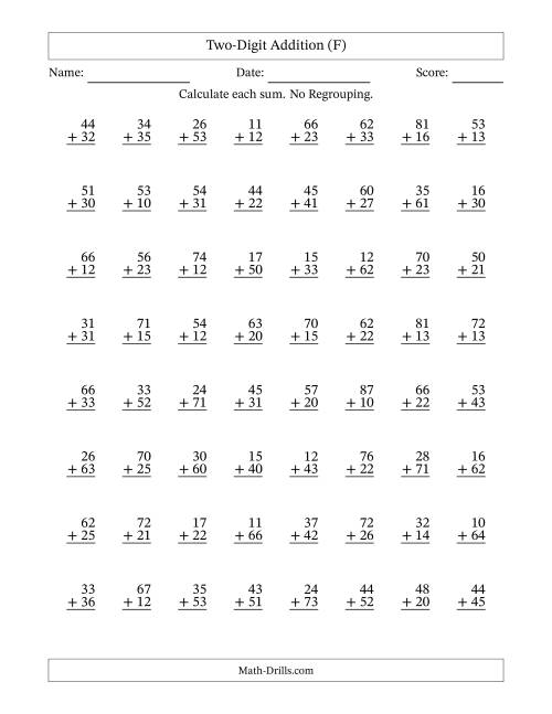 The Two-Digit Addition With No Regrouping – 64 Questions (F) Math Worksheet