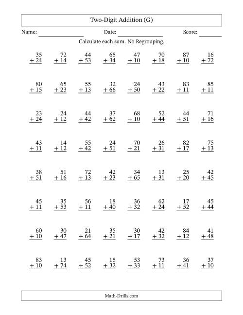 The Two-Digit Addition With No Regrouping – 64 Questions (G) Math Worksheet