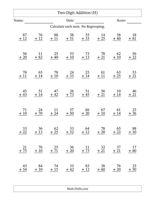 The Two-Digit Addition With No Regrouping – 64 Questions (H) Math Worksheet