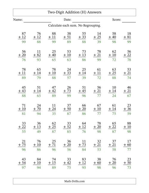 The Two-Digit Addition With No Regrouping – 64 Questions (H) Math Worksheet Page 2