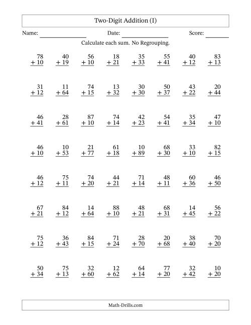 The Two-Digit Addition With No Regrouping – 64 Questions (I) Math Worksheet