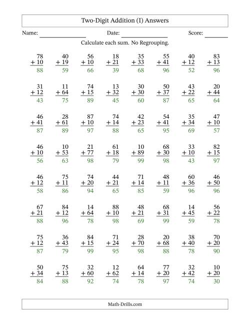 The Two-Digit Addition With No Regrouping – 64 Questions (I) Math Worksheet Page 2