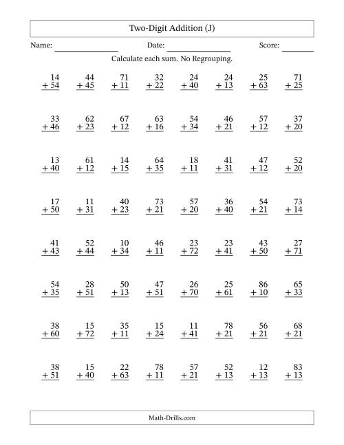 The Two-Digit Addition With No Regrouping – 64 Questions (J) Math Worksheet