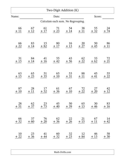 The Two-Digit Addition With No Regrouping – 64 Questions (K) Math Worksheet