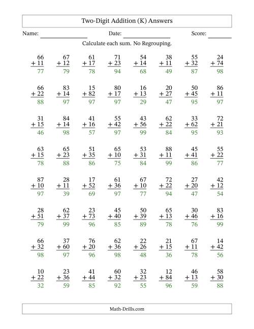 The Two-Digit Addition With No Regrouping – 64 Questions (K) Math Worksheet Page 2