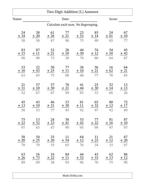The Two-Digit Addition With No Regrouping – 64 Questions (L) Math Worksheet Page 2