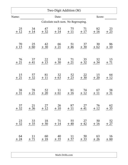 The Two-Digit Addition With No Regrouping – 64 Questions (M) Math Worksheet