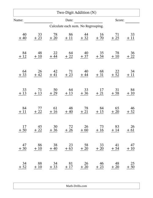 The Two-Digit Addition With No Regrouping – 64 Questions (N) Math Worksheet