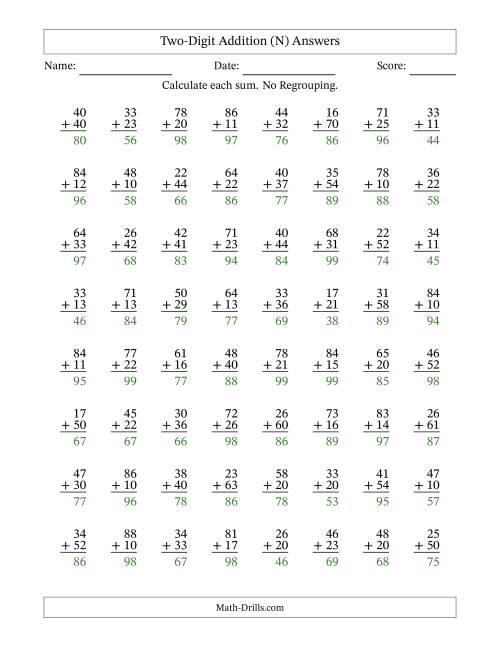 The Two-Digit Addition With No Regrouping – 64 Questions (N) Math Worksheet Page 2