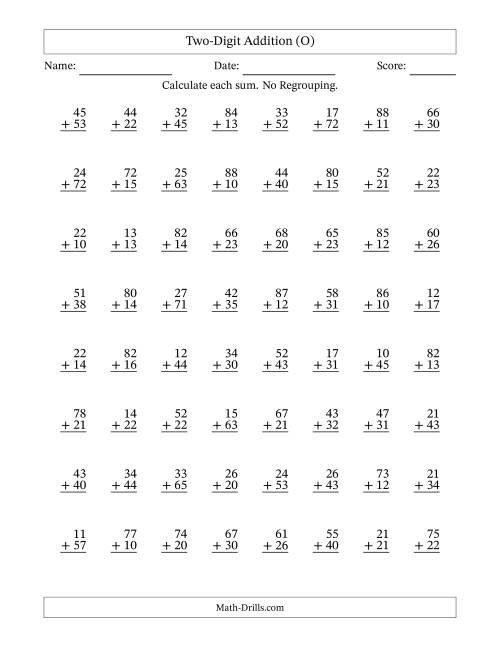 The Two-Digit Addition With No Regrouping – 64 Questions (O) Math Worksheet