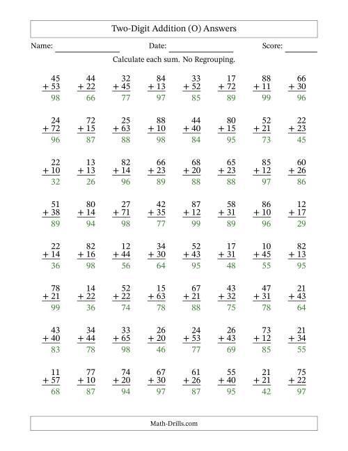 The Two-Digit Addition With No Regrouping – 64 Questions (O) Math Worksheet Page 2