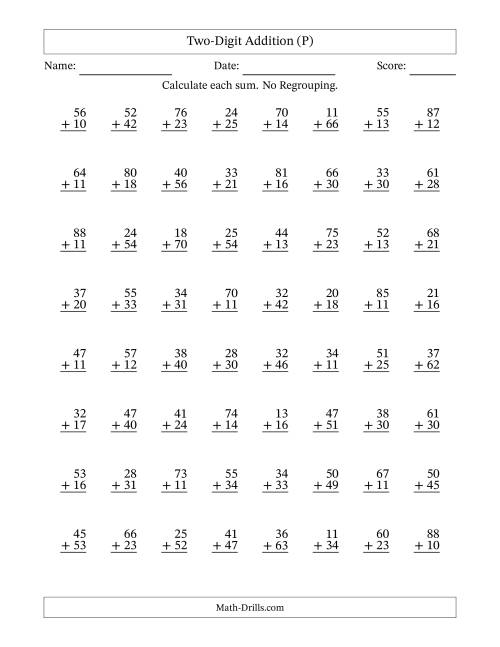 The Two-Digit Addition With No Regrouping – 64 Questions (P) Math Worksheet