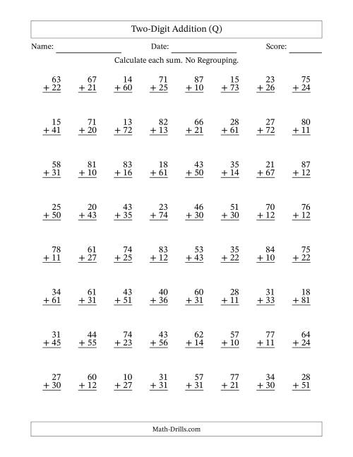 The Two-Digit Addition With No Regrouping – 64 Questions (Q) Math Worksheet