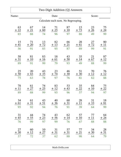 The Two-Digit Addition With No Regrouping – 64 Questions (Q) Math Worksheet Page 2