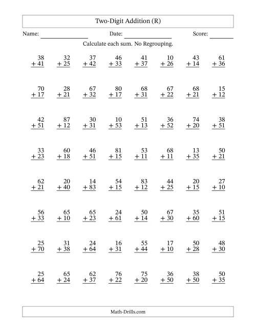 The Two-Digit Addition With No Regrouping – 64 Questions (R) Math Worksheet