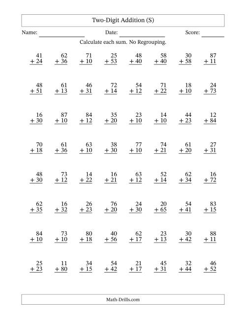 The Two-Digit Addition With No Regrouping – 64 Questions (S) Math Worksheet