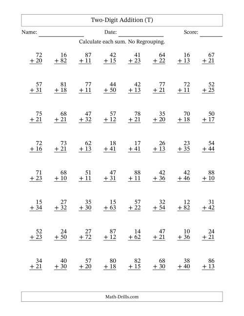 The Two-Digit Addition With No Regrouping – 64 Questions (T) Math Worksheet