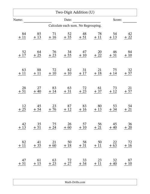 The Two-Digit Addition With No Regrouping – 64 Questions (U) Math Worksheet
