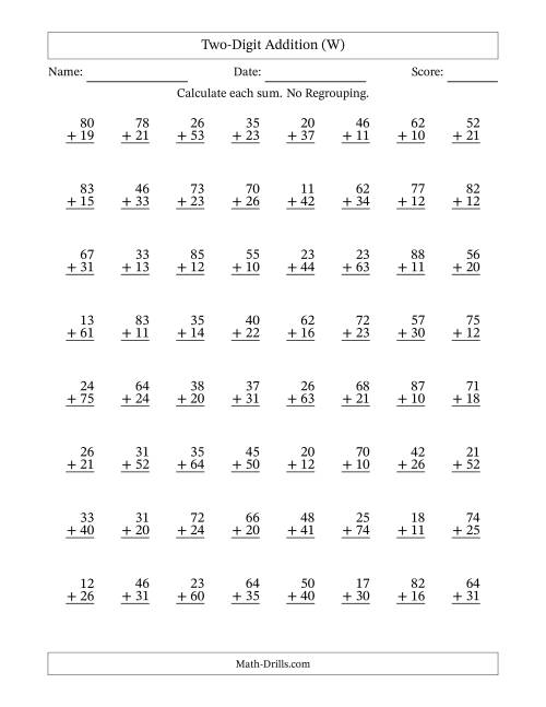 The Two-Digit Addition With No Regrouping – 64 Questions (W) Math Worksheet