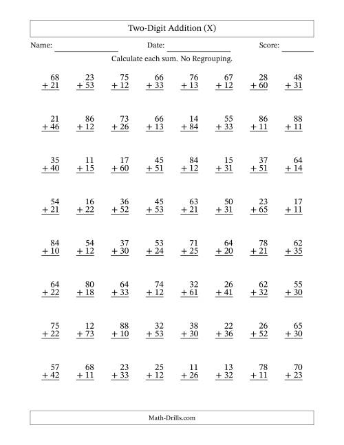 The Two-Digit Addition With No Regrouping – 64 Questions (X) Math Worksheet