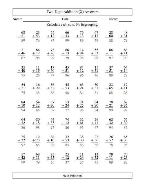 The Two-Digit Addition With No Regrouping – 64 Questions (X) Math Worksheet Page 2