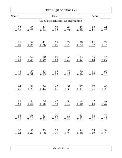 The Two-Digit Addition With No Regrouping – 64 Questions (Y) Math Worksheet
