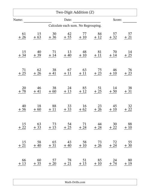 The Two-Digit Addition With No Regrouping – 64 Questions (Z) Math Worksheet