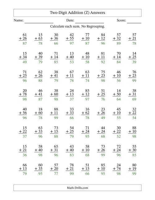 The Two-Digit Addition With No Regrouping – 64 Questions (Z) Math Worksheet Page 2