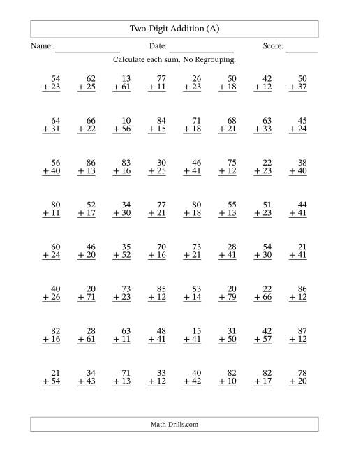 The Two-Digit Addition With No Regrouping – 64 Questions (All) Math Worksheet