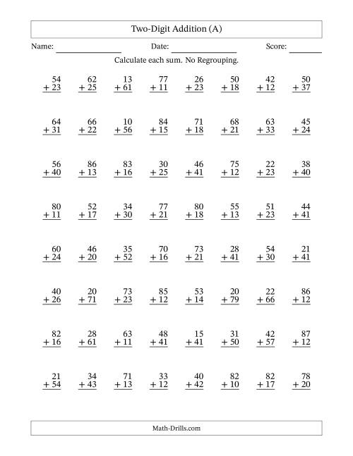 Two-Digit Addition With No Regrouping – 64 Questions (All)