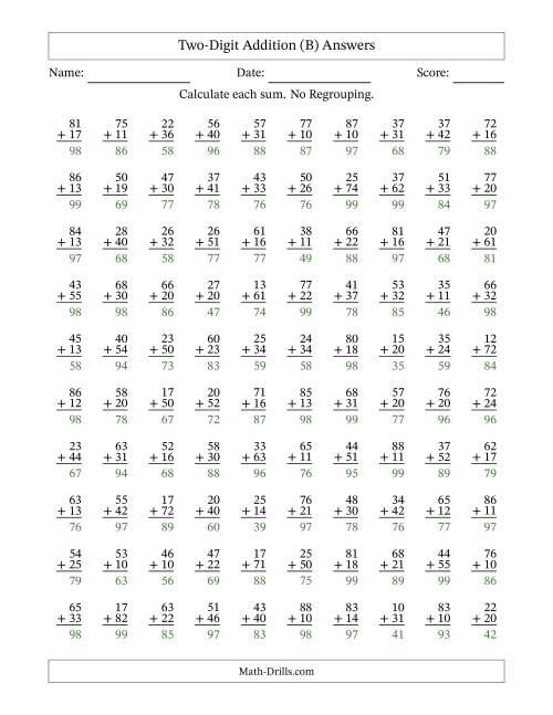 Two-Digit Addition -- No Regrouping -- 100 Questions (B)