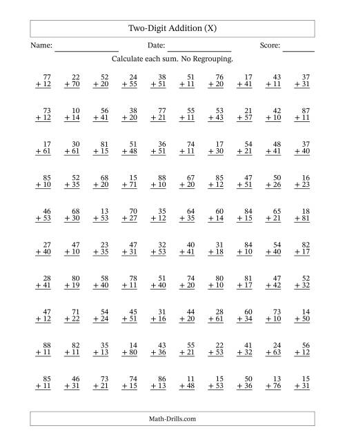 The Two-Digit Addition With No Regrouping – 100 Questions (X) Math Worksheet