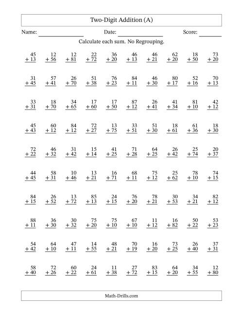 The Two-Digit Addition With No Regrouping – 100 Questions (All) Math Worksheet