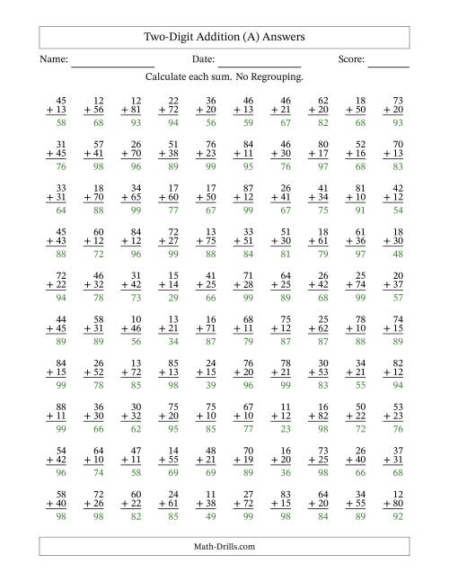 The Two-Digit Addition With No Regrouping – 100 Questions (All) Math Worksheet Page 2