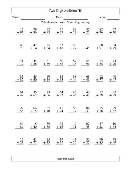The Two-Digit Addition With Some Regrouping – 64 Questions (B) Math Worksheet