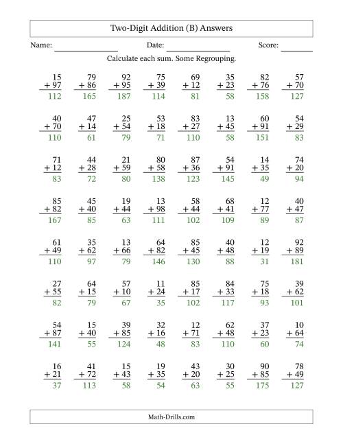The Two-Digit Addition With Some Regrouping – 64 Questions (B) Math Worksheet Page 2