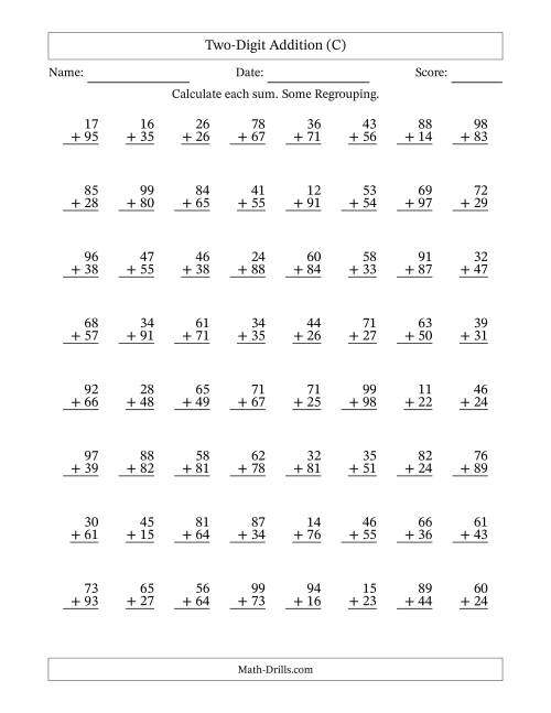 The Two-Digit Addition With Some Regrouping – 64 Questions (C) Math Worksheet