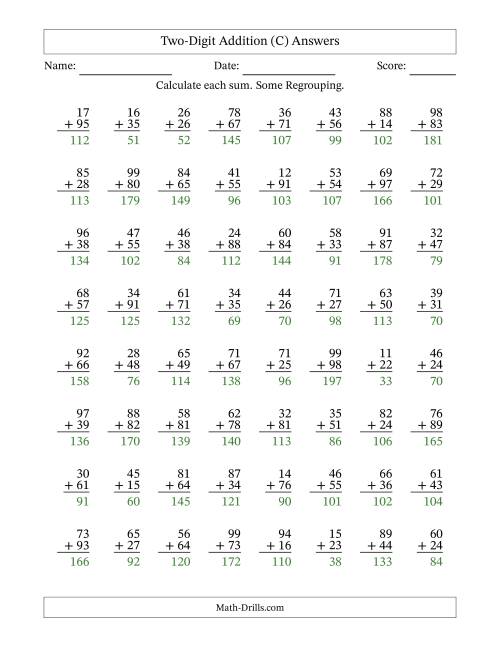 The Two-Digit Addition With Some Regrouping – 64 Questions (C) Math Worksheet Page 2