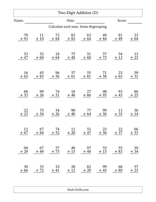 The Two-Digit Addition With Some Regrouping – 64 Questions (D) Math Worksheet