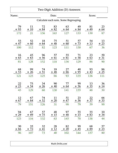 The Two-Digit Addition With Some Regrouping – 64 Questions (D) Math Worksheet Page 2