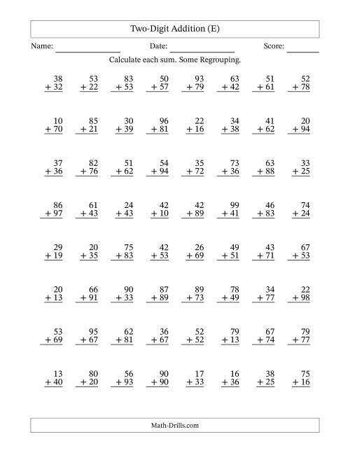 The Two-Digit Addition With Some Regrouping – 64 Questions (E) Math Worksheet