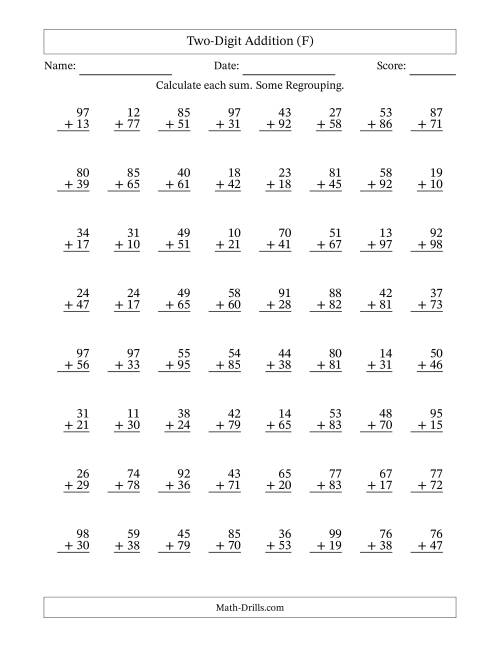 The Two-Digit Addition With Some Regrouping – 64 Questions (F) Math Worksheet