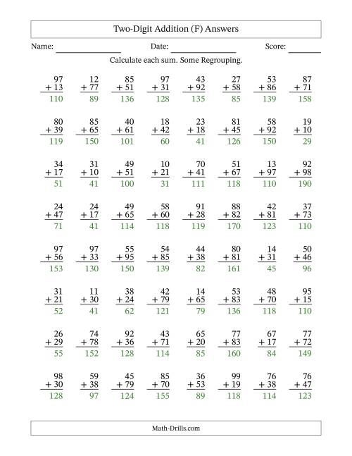The Two-Digit Addition With Some Regrouping – 64 Questions (F) Math Worksheet Page 2