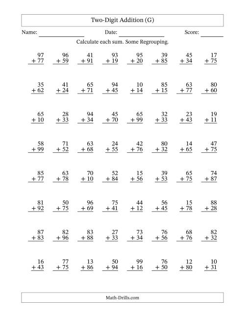 The Two-Digit Addition With Some Regrouping – 64 Questions (G) Math Worksheet