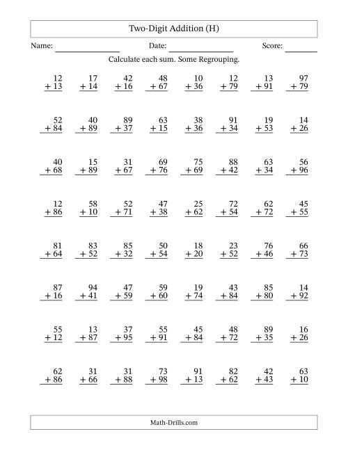 The Two-Digit Addition With Some Regrouping – 64 Questions (H) Math Worksheet