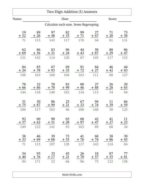 The Two-Digit Addition With Some Regrouping – 64 Questions (I) Math Worksheet Page 2
