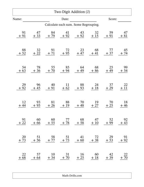 The Two-Digit Addition With Some Regrouping – 64 Questions (J) Math Worksheet