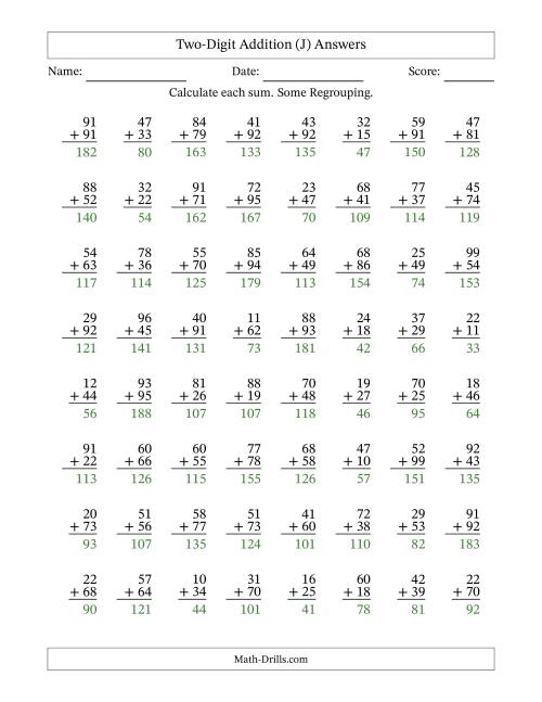 The Two-Digit Addition With Some Regrouping – 64 Questions (J) Math Worksheet Page 2
