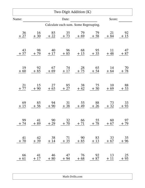 The Two-Digit Addition With Some Regrouping – 64 Questions (K) Math Worksheet