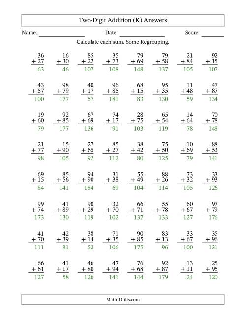 The Two-Digit Addition With Some Regrouping – 64 Questions (K) Math Worksheet Page 2